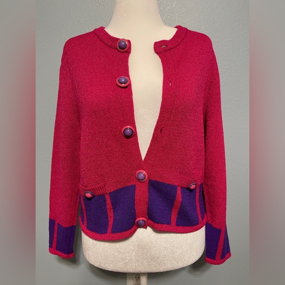 Vintage Adrianna Papell Pink Purple Cardigan Colorblock Wool Blend Sweater 14